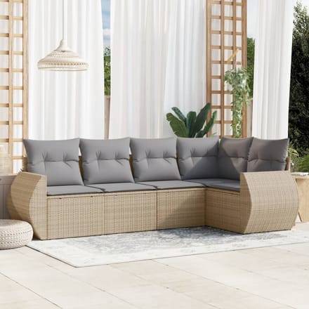 vidaXL - 5-delige - Loungeset - met - kussens - poly - rattan - beige
