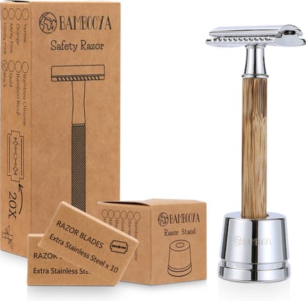 Safety Razor + Houder + 20 Scheermesjes Bamboe Milieuvriendelijk Set - Chrome