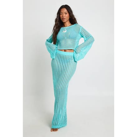 boohoo Dames Gehaakte Gebreide Maxi Rok | Aqua | Maat: Medium