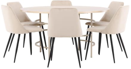 Copenhagen eethoek tafel Ø140cm en 6 stoelen whitewash, beige.