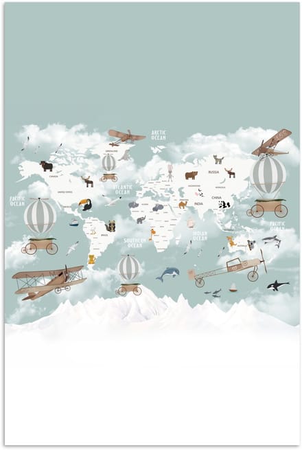 Wereldkaart - Kind - Vliegtuig - 120x180 cm - Poster