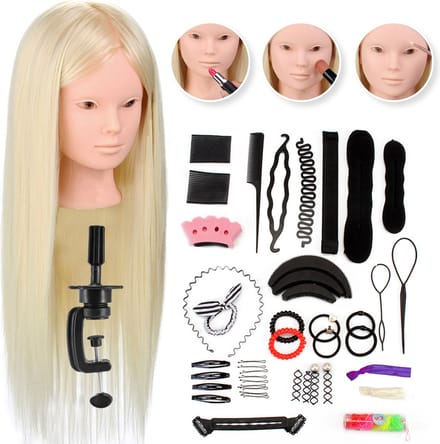 SassyGoods Kappershoofd Make Up Pop Kappop Kapperspop Kaphoofd Oefenhoofd 80% Echt Haar met Statief - Incl. Styling Accessoires - Blond Haar - 65 cm