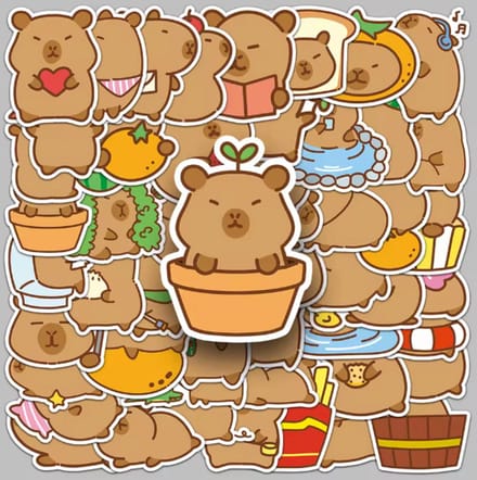 Capy bara stickers - 50 stuks - deco stickers- laptop stickers - knutselen - bullet journal stickers