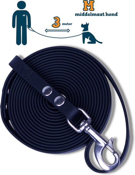 Miqdi hondenriem - BioThane® – zwart – 3 meter lang – 13mm breed – M – middelmaat hond