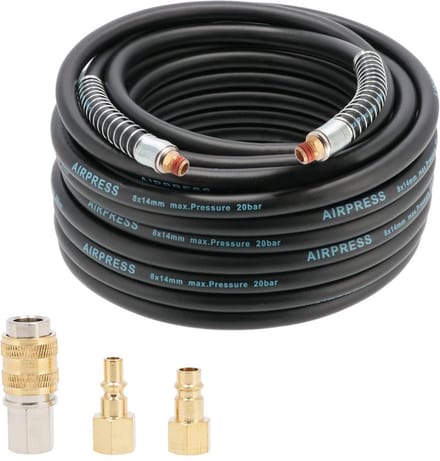 Luchtslang | Binnen Ø 8 / Buiten Ø 14 mm | 1/4 buitendraad en universele koppeling | 20 meter | 20 bar | Incl nippels