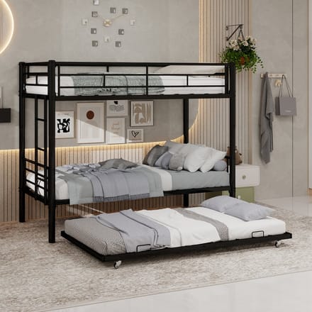 Sweiko Stapelbed - 90x190 cm - Met uitschuifbaar bed - Metalen bedframe - Kinderbed - Zwart