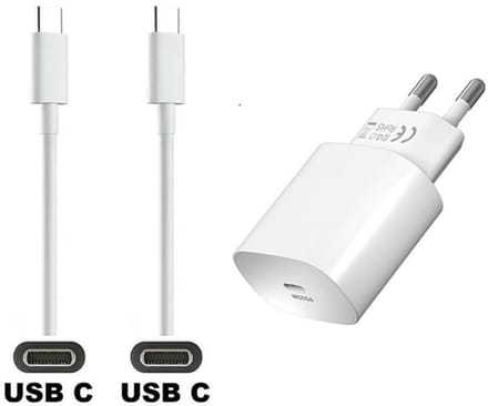 OneOne 25W super snellader en screenprotector van glas voor iPhone 16 Plus. Oplader met sterke 3,0m USB C naar C kabel. Krachtige witte PD PPS lader adapter. Screenprotector past op Apple iPhone 16 Plus