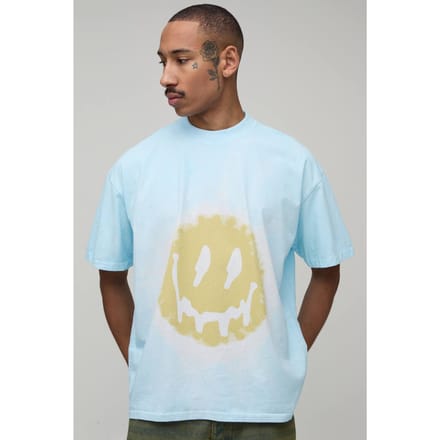 Oversized Tie Dye Smiley Face Print T-Shirt | Blue | Size Large