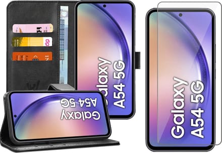 Hoesje geschikt voor Samsung Galaxy A54 - Screen Protector GlassGuard - Book Case Kunstleer Pasjeshouder Zwart & Screenprotector