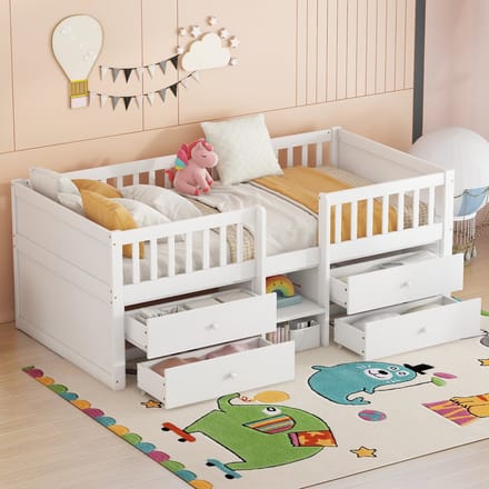 Halfhoogslaper 90x200 - Kinderbed met 4 Lades en Ladder - Grenenhout - Wit