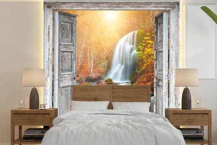 Behang - Fotobehang Waterval - Doorkijk - Landschap - Breedte 220 cm x hoogte 220 cm