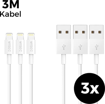 USB naar Lightning oplaadkabel 3 meter – set van 3 - iPhone kabel met Lightning aansluiting – geschikt voor Apple iPhone 14 / 13 / 12 en iPad – wit - WiseQ