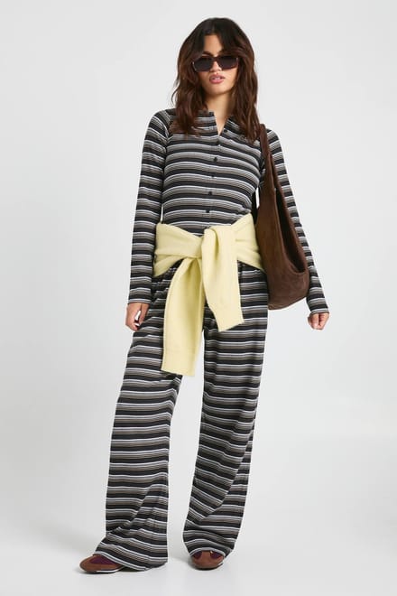 boohoo Dames Gestreepte geribde trekkoord-broek | Zwart | Maat: 44