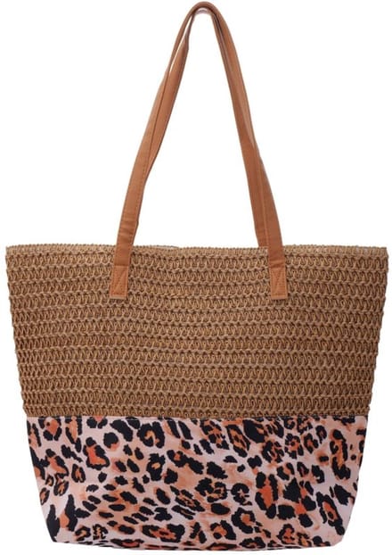 She life style - Strandtas - Beach Bag Woven Leopard - 47x36x13cm - Bruin