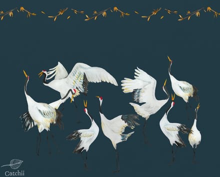 Behang staal Japanese Crane Dance blauw