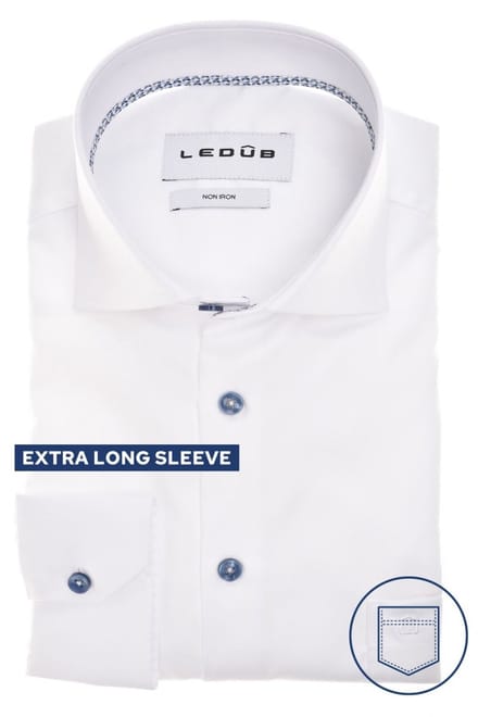 Ledûb Overhemd Modern Solid Color Non-Iron Cotton Extra Long Sleeve 7 Mouwlengte 7 Wit-Donker Blauw / male