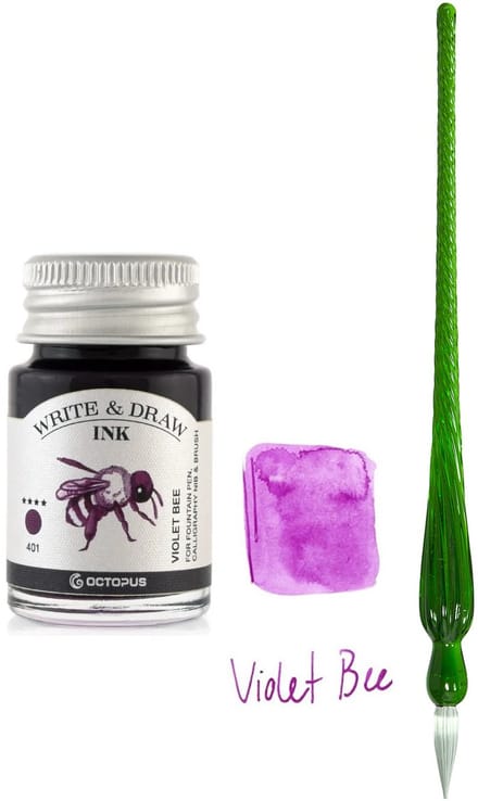 Glaspen - Glazen Dip Pen set in doosje - Groen - Potje - Octopus - Vulpen inkt - violet bee