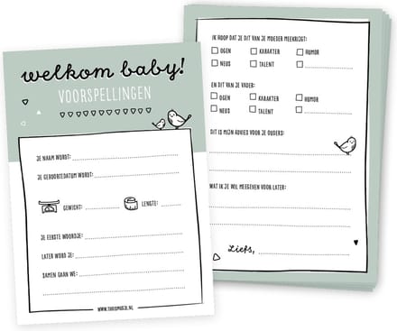Babyshower invulkaarten - 20 stuks - Groen - Jongen en meisje - Thuismusje
