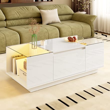 REDOM Salontafel 105×50×35 cm – Hoogglans wit met gehard glas, 2 lades, open vakken en Bluetooth-LED