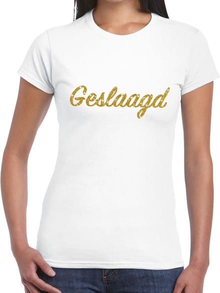 Geslaagd gouden glitter tekst t-shirt wit dames - dames shirt geslaagd - geslaagd / afgestudeerd kleding M