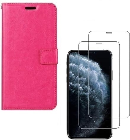 Bookcase Geschikt voor: iPhone XR - roze - Portemonnee hoesje + 2X Tempered Glass Screenprotector