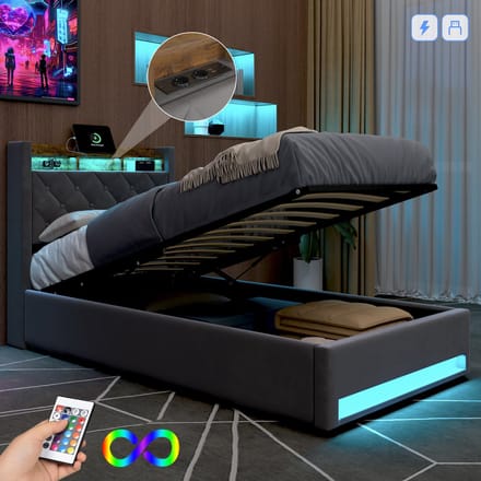 MIVRAY Polsterbed 90x200 cm - Groot Opbergvak - USB Poort - LED Verlichting - Veilig Ontwerp - Grijs - Samt + Metaal