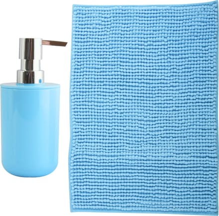 MSV badkamer droogloop mat - Milano - 40 x 60 cm - met bijpassende kleur zeeppompje - lichtblauw