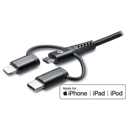 Mobilize Nylon Kabel 3in1 USB-A naar Micro USB, USB-C, Apple MFI Lightning 1.5 meter Zwart