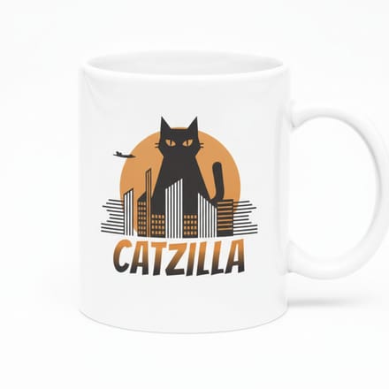 Catzilla Witte Mok 330ml – Grappig Cadeau voor Kattenliefhebbers met Reuzenkat Stadontwerp