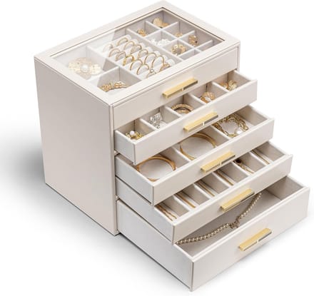Groot Sieradendoos met 5 Niveaus en Glazen Deksel - Modern Beige Sieradenopbergdoos