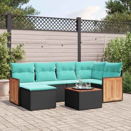 vidaXL - 7-delige - tuinbankset - met - kussens - van - zwart - polyrotan
