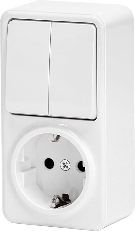 Wandcontactdoos - Opbouw - 1-voudig Stopcontact - 2-voudig Wisselschakelaar - Randaarde - Wit