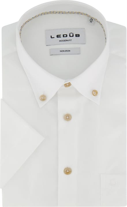 Witte korte mouw katoenen Ledub Modern Fit overhemd strijkvrij