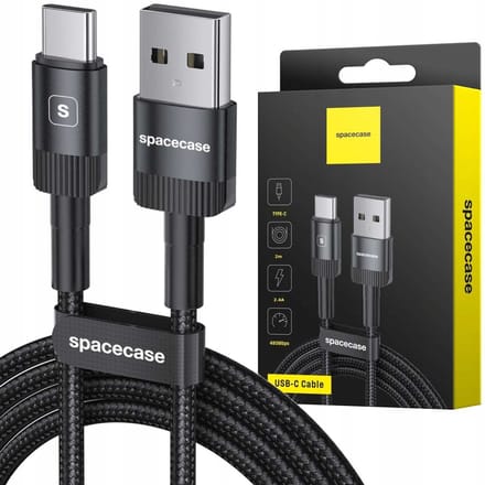Spacecase Usb-C Kabel 2M 2.4A Zwart Voor Het Opladen Van Telefoons En Tablets