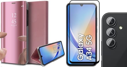 Hoesje geschikt voor Samsung Galaxy A34 - Screenprotector FullGuard & Camera Lens Screen Protector - Book Case Spiegel Roségoud