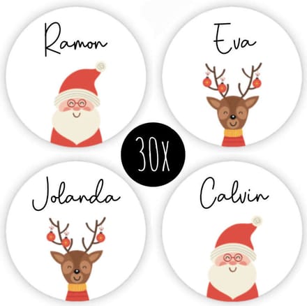 30x Kerst Stickers / Naamstickers | rond | beschrijfbaar | sticker naam | 35 mm | KERSTMAN + RENDIER