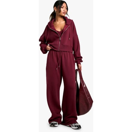 boohoo Dames Geribde V-Hals Top 3-delig Trainingspak met Capuchon | Bordeaux Rood | Maat: Small