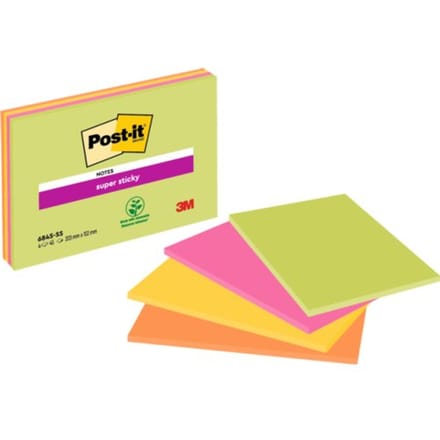 Memoblok post-it 6845 super sticky 203x152mm Assorti 4 stuks