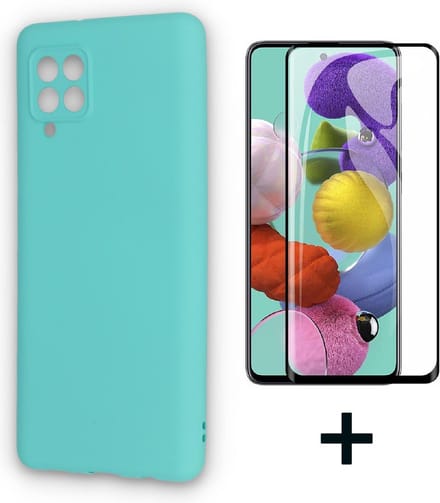 HB Hoesje Geschikt voor Samsung Galaxy A12 - Turquoise/ Fullscreen Glazen Screenprotector - Siliconen Back Cover