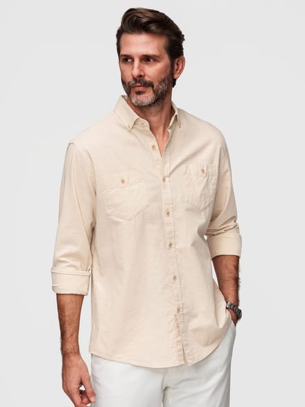 OMBRE Overhemd - Slim Fit - Linnen - Lange Mouw Crème S