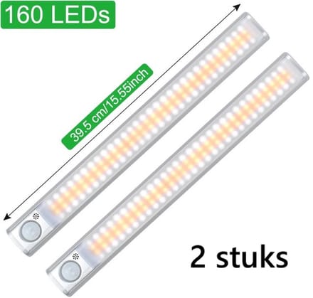 TLVX 2 stuks Led lamp met bewegingssensor en lichtsensor | Draadloos | Accu USB Oplaadbaar | LED Sensor lamp | Beweging sensor | Licht sensor | Dimbaar | Light Motion Sensor | 40 CM | 160 leds | Nacht Lamp LED | Magneet strip | Kastverlichting