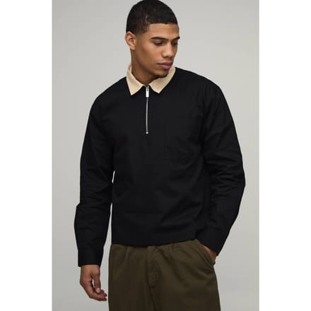 Oversized Boxy Quarter Zip Contrast Collar Poplin Shirt | Black | Size Large