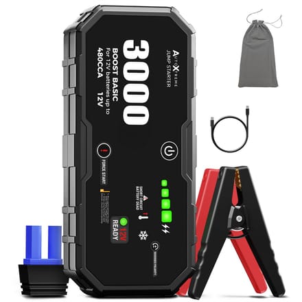 AutoXtreme Jumpstarter 12V voor Auto – 480CCA – Boost Basic 3000 – Starthulp met Forcestart, LED-scherm & Powerbank – Incl. Zaklamp & Opbergzak