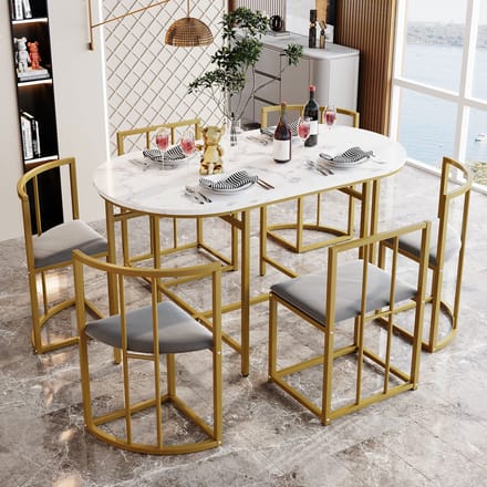 Sweiko 6-stoel Eettafel set, (Witte eettafel, Stoelen met rugleuning en Grijs interieur, Goud ijzeren frame), eettafel en stoel set, moderne eettafel combinatie
