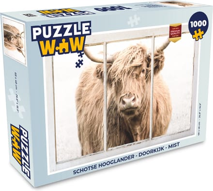 Puzzel Schotse hooglander - Doorkijk - Mist - Legpuzzel - Puzzel 1000 stukjes volwassenen