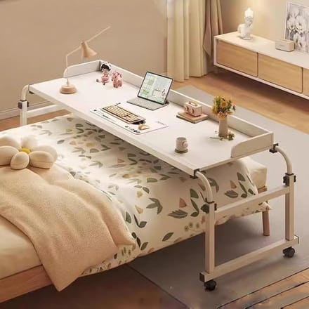 Verstelbaar Overbed Bureau - Mobiele Tafel Roltafel - Werken en Eten - Extra Grote Werkblad - 115x45cm 65-95cm - Wit