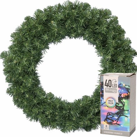 Decoris Kerstkrans - groen - D60 cm - 200 takken - incl. verlichting gekleurd