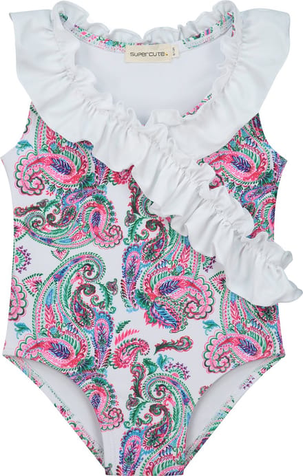 Supercute kinder badpak wit paisley met witte ruffels maat 98