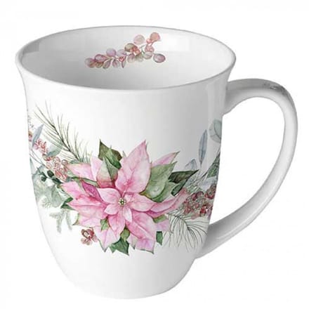 Ambiente - mok-beker met oor - porselein - pointsetta - kerstroos - roze - fine bone china - kado - winter