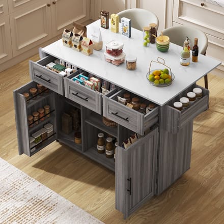 Sweiko Keukeneiland - Eettafel - Serveerwagen - Dressoir - Opvouwbaar tafelblad - 3 lades - Grijs + Wit